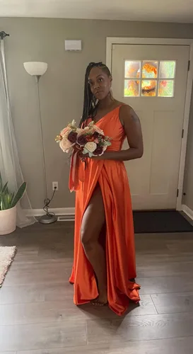 Miniatura 5 de Miao Duo Vestidos de dama de honor de satén con cuello en V para mujer con abertura y tirantes delgados, vestidos formales de graduación