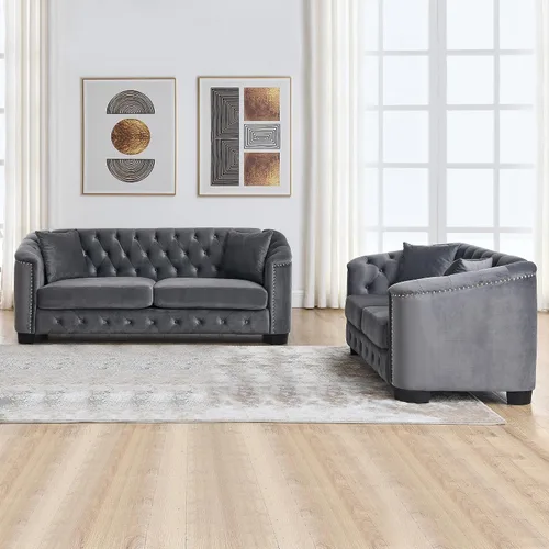Miniatura 7 de mikibama Juego de sofá de terciopelo Chesterfield de lujo de 2 piezas para sala de estar, muebles de decoración moderna, sofá seccional, sofá de 3
