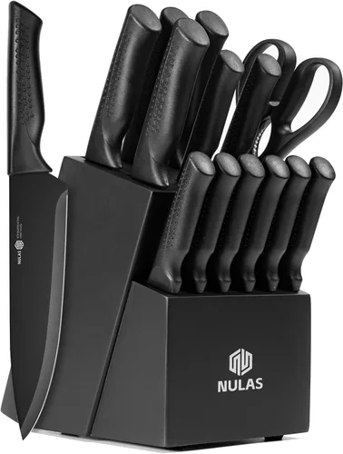 Juego de cuchillos de cocina de 15 piezas con bloque y afilador integrado, apto para lavavajillas, mango antideslizante, 6 cuchillos para carne,