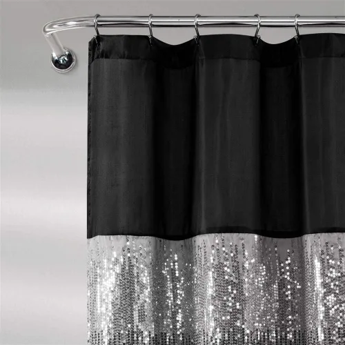 Miniatura 2 de Lush Decor Cortina de ducha Night Sky, individual, 72 x 72 pulgadas, negro y blanco - Cortina de ducha de lentejuelas - Cortina de baño de bloques