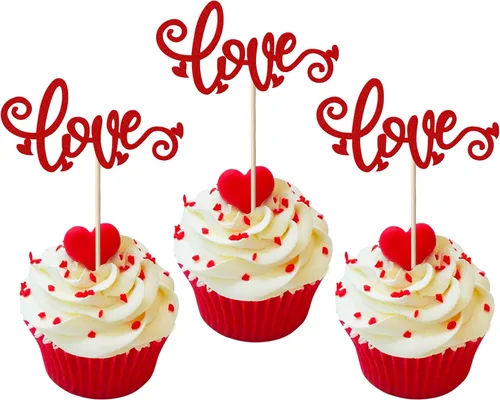 Miniatura 11 de Paquete de 24 adornos para cupcakes con purpurina en forma de corazón con temática de amor dulce, decoración de pasteles para el día de San