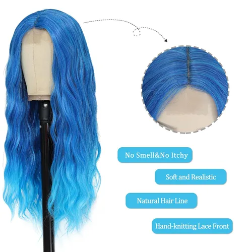 Miniatura 3 de YBYMCAI - Peluca azul larga y ondulada para mujer, parte media, peluca azul degradada de 26 pulgadas, pelo natural rizado sintético, fibra Azul