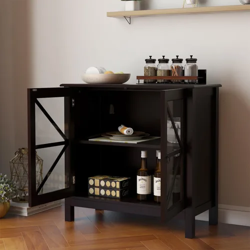 Miniatura 4 de Mesa de bufé de cocina elegante para el hogar, aparador, mesa de consola con 2 puertas de vidrio y estante de almacenamiento, armario de entrada