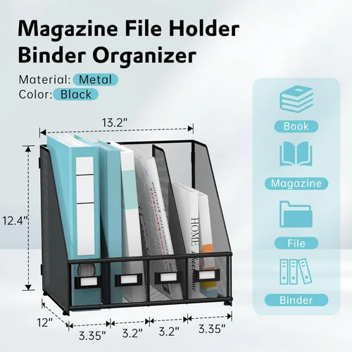 Miniatura 3 de SUPEASY Soporte para archivador de revista, organizador de escritorio de metal con 4 compartimentos para estante, organizador de archivos para Negro