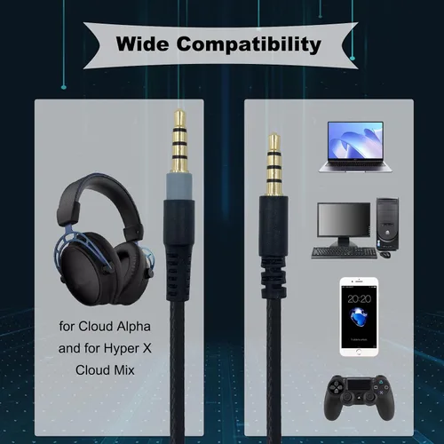 Miniatura 2 de Cable de audio de repuesto compatible con Kingston Hyperx Cloud Alpha para Hyper X Cloud Mix, para auriculares Logitech G933, G633
