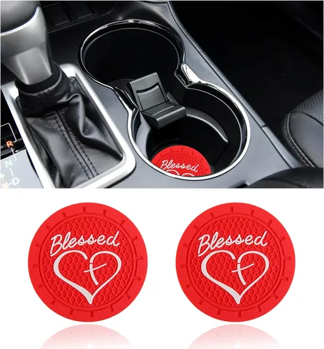 Miniatura 19 de Dickno 2 piezas posavasos para portavasos de automóvil, 2.76 pulgadas cruz bendita y corazón tapete de bebida cristiano, PVC suave antideslizante a