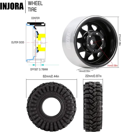 Miniatura 4 de Juego de ruedas Beadlock de 1.0 - 3.78 mm de desplazamiento para coche de oruga RC 1/18 1/24 Axial AX24 SCX24 FMS FCX24 TRX4M, Negro (W1004-T1014)