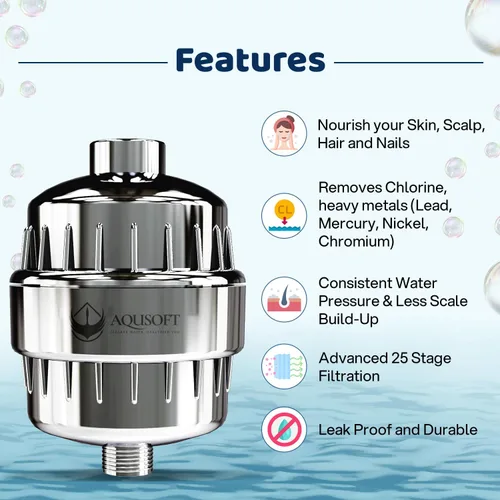 Miniatura 3 de AQUSOFT - Filtro de agua avanzado de 25 etapas para cabezal de ducha, elimina el 99.9% de cloro, metales pesados e impurezas de agua dura, mejora
