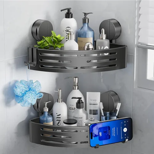 Miniatura 11 de Organizador de ducha esquinero, con ventosa y ganchos, organizador de baño de aluminio inoxidable sin perforaciones, estantes para decoración