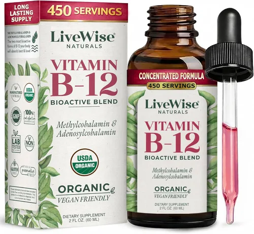 Vitamina B12 Sublingual líquida – Gotas veganas de vitamina B12 líquida totalmente natural – Suplemento de adenosilcobalamina sin OMG