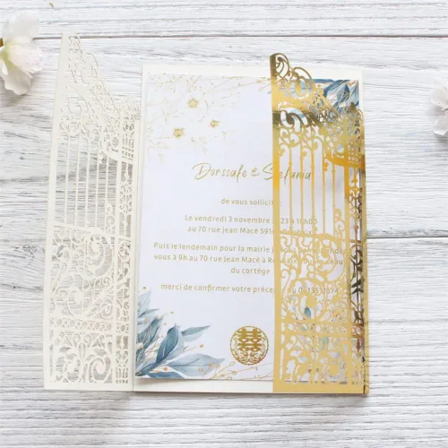 Miniatura 6 de MillaSaw Invitación de puerta dorada metálica para boda, matrimonio, quinceañera, sirena, aniversario, 25 juegos (oro metálico, 4.9 x 7.1 pulgadas)