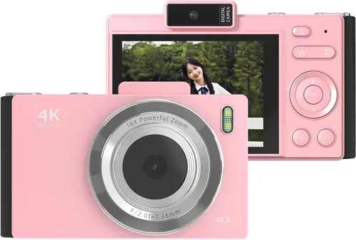 Andoer Cámara digital 4K, cámara de video digital portátil, cámara CCD de 48 MP, pantalla IPS de 2.8 pulgadas, antivibración, zoom 16X, enfoque Rosa