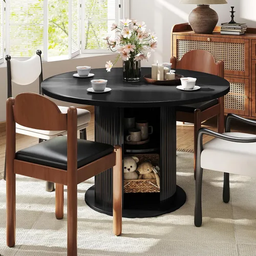 Miniatura 8 de SoarFlash Mesa de comedor redonda de 31.5 pulgadas para 2-3, mesa de cocina circular de granja con espacio de almacenamiento, base de tira de madera