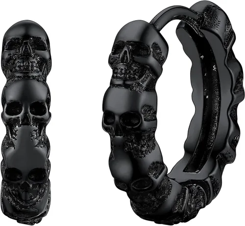 Richsteel Aretes de calavera para mujer y hombre, góticos, de acero inoxidable, chapados en oronegro, pequeño aro punk de serpientedragón
