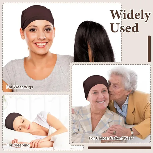 Miniatura 5 de Janmercy 4 Pcs Bamboo Wig Caps for Women Fiber Wig Liner Bald Caps Elastic Breathable Sleep Cap for Hair Loss Chemotherapy Marrón oscuro