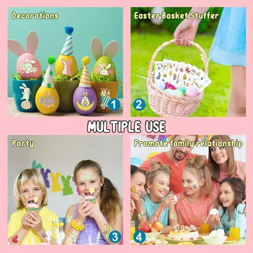 Miniatura 5 de Partywind 132 piezas (12 hojas) tatuajes temporales luminosos de Pascua para rellenar cestas de niños, decoraciones de Pascua brillantes