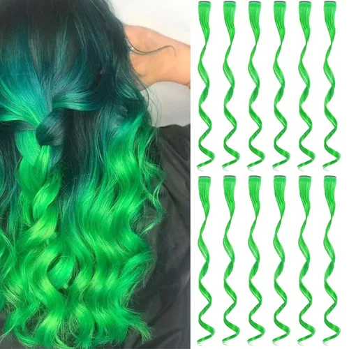 Miniatura 8 de Extensiones de cabello con clip de colores, 12 piezas para mujeres, niños y niñas, 16 pulgadas, ondulado, rizado, azul y verde azulado colorido