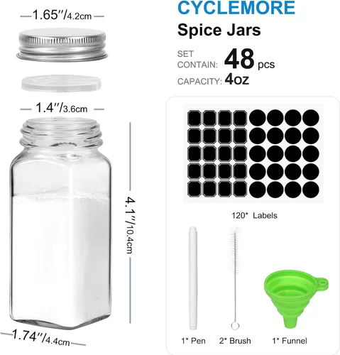 Miniatura 2 de CycleMore Paquete de 48 frascos de vidrio para especias de 4 onzas, recipientes cuadrados para especias con tapas de metal plateado y tapa agitadora