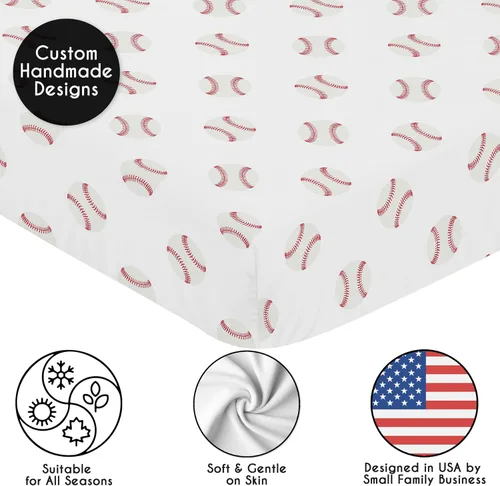 Miniatura 5 de Sweet Jojo Designs Sábana bajera para cuna roja y blanca para bebé o niño pequeño para la colección deportiva de parche de béisbol