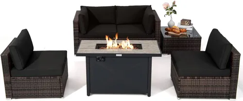 Tangkula Patiojoy - Sofá seccional de mimbre de ratán de polietileno de 6 piezas con mesa de fuego de gas de 42 pulgadas, 60,000 BTU, juego de