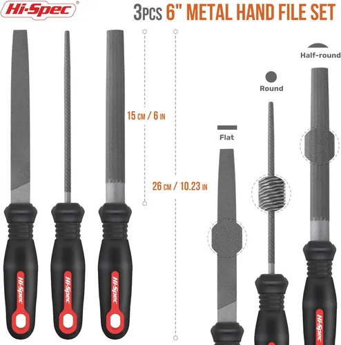Miniatura 2 de Hi-Spec Juego de 3 limas manuales de metal. Limas de acero grandes. Plana, redonda y semirredonda para manualidades, trabajo de metal y madera