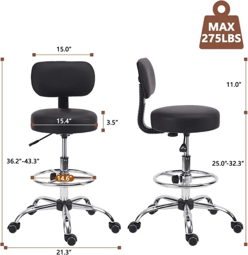Miniatura 3 de KLASIKA Silla de dibujo con respaldo, reposapiés ajustable altura con ruedas, taburete giratorio de cuero para taller, sillas de oficina, cojín