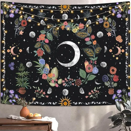 Miniatura 2 de Kanuyee Tapiz Floral de Luna Tapiz de Flores para Dormitorio Tapices Bohemios para Colgar en la Pared Estético para Dormitorio y Sala de Estar Luna