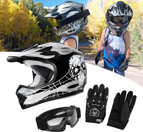 DOT para jóvenes y niños, Casco de motocross, todoterreno, para bicicleta de calle, con gafas y guantes, ATV, Mx, Casco Calavera