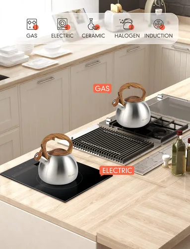 Miniatura 6 de BELANKO Hervidor de té de 2.7 cuartos de galón para estufas, tetera de acero inoxidable de grado alimenticio con silbato fuerte, mango de madera