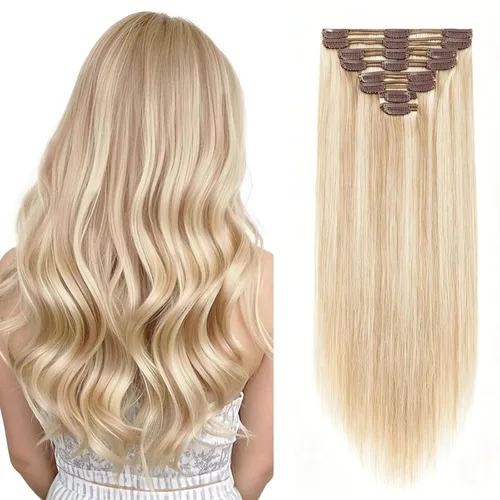 8Pcs Clip in Hair Extensions Real Human Hair, 140G 18 Inch Ash Blonde Mix Bleach Blonde 18P613