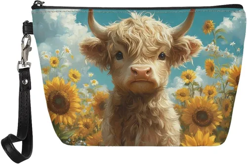 Miniatura 40 de Howilath Abstract Art Cat Cosmetic Pouch for Women PU Leather Toiletry Storage Bag Trapezoid Makeup Bags with Wrist Strap