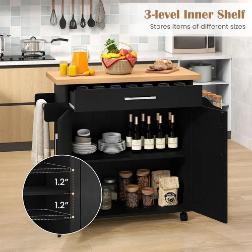 Miniatura 6 de Giantex Isla de cocina, carrito de cocina rodante con estante para especias y toallero, cajón grande y armario de almacenamiento de 2 puertas