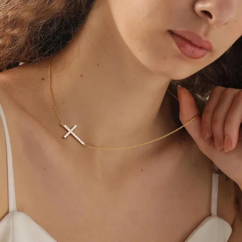 Miniatura 34 de Collar de cruz para mujeres y niñas, delicado chapado en oro de 14 quilates, gargantilla con dije de cruz que no se deslustra, impermeable, moderno