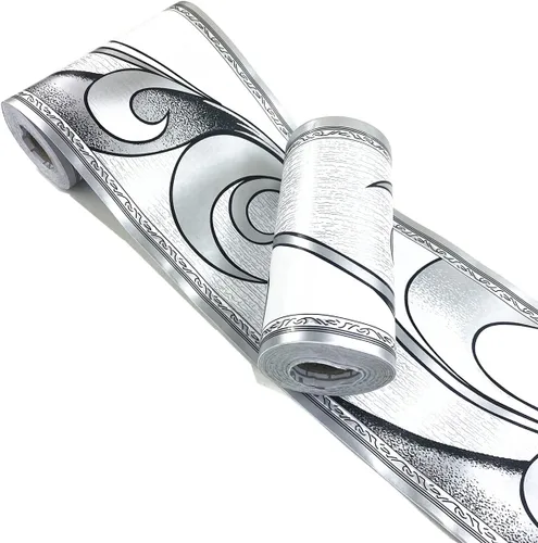 REDODECO Elegante papel tapiz de moldura gris plateado, borde decorativo para techo, para baño, sala de estar, cocina, 4 pulgadas por 32.8 pies