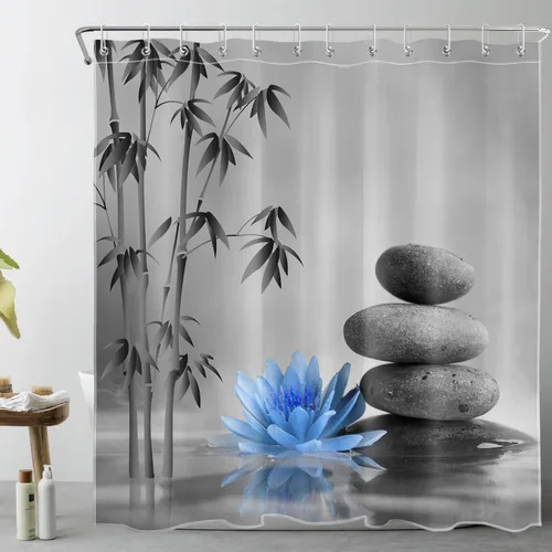 Miniatura 17 de LB Cortina de ducha de spa Zen azul y gris, piedra de bambú gris con flor de lirio de agua azul, cortina de ducha moderna para spa, decoración
