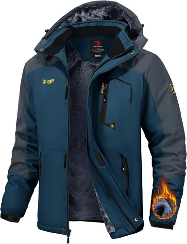 Miniatura 9 de TBMPOY Chaquetas de esquí para hombre, impermeables, para nieve, forro polar grueso, con capucha, para clima frío, cálido, trabajo en hielo al aire