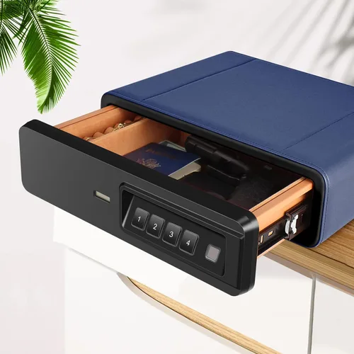 Miniatura 2 de Caja fuerte biométrica de huellas dactilares, caja fuerte deslizante para pistolas, caja fuerte de almacenamiento de joyas envuelta en cuero