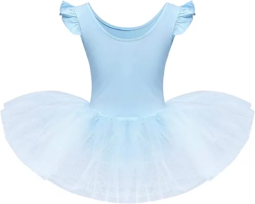Miniatura 2 de IDOPIP Vestido de ballet con mangas voladas y volantes para niñas pequeñas, tutú con falda de leotardo, bailarina, baile, disfraz de gimnasia