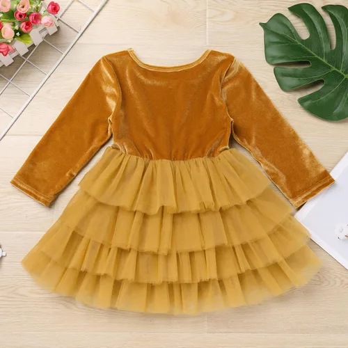 Miniatura 5 de Vestido de tutú de tul escalonado de terciopelo de manga larga para otoño e invierno para niñas y niñas