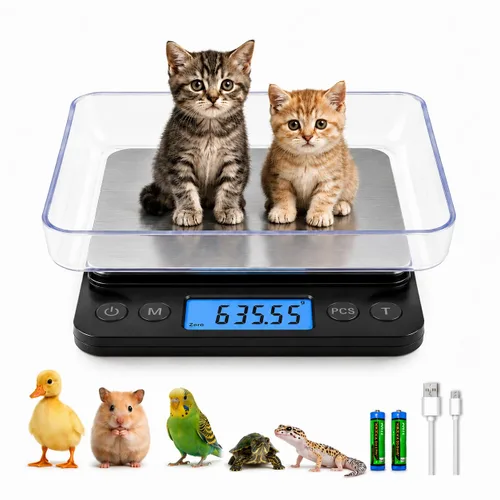 MEIYA Pequeña báscula digital para mascotas, escala de animales pequeños de alta precisión de 11.0 lbs/0.00 oz con carga USB, pantalla LCD