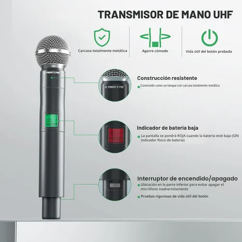 Miniatura 3 de Phenyx Pro Sistema de micrófono inalámbrico, juego de micrófono inalámbrico UHF de 4 canales con micrófonos de mano/bodypack/auricular
