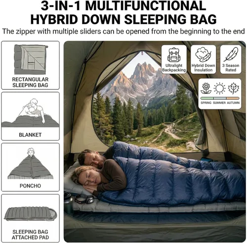 Miniatura 5 de ATEPA 3-in-1 Hybrid Down Sleeping Bag, Lightweight 3 Season Backpacking Sleeping Bag with Pad Attachment System & Compression Sack for Spring Summer