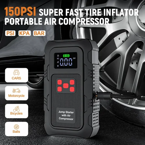 Miniatura 4 de Arrancador de 6000A con compresor de aire, arrancador de batería de automóvil portátil con inflador de neumáticos de 150 PSI para motores de hasta