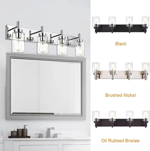 Miniatura 7 de Iluminación moderna de baño con pantalla de vidrio transparente, 4 luces para tocador, lámpara de pared industrial con acabado en cromo, apliques