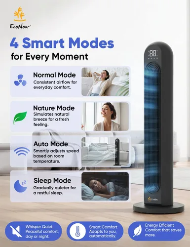 Miniatura 3 de EcoNour - Ventilador de torre inteligente con control WiFi y Alexa, ventilador personal de 42 pulgadas, oscilación de 120°, potente flujo de aire