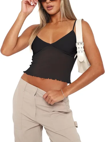 Miniatura 2 de REORIA Camiseta corta sin mangas con cuello en V para mujer, con tirantes delgados ajustables, malla transparente, Y2K