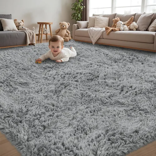 Alfombra de Área 8x10 para Sala de Estar: Alfombras Shag Gris Claro Ultra Suaves y Esponjosas, Alfombra Grande Difusa de Felpa Interior