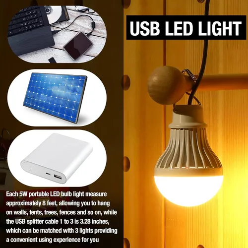 Miniatura 5 de Tuanse 3 bombillas LED USB, luces de campamento portátiles de 5 W con cable divisor USB de 1 a 3, cable de 8.2 pies de longitud extra para tienda
