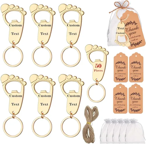 50 piezas personalizadas para baby shower, abrebotellas, llaveros de huellas, recuerdos de baby shower, regalos de devolución para invitados, vienen