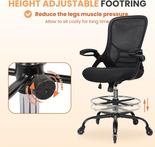 Miniatura 7 de HYLONE Silla de dibujo ajustable, silla de oficina alta, soporte lumbar, silla de escritorio ergonómica de pie, taburete de dibujo alto resistente
